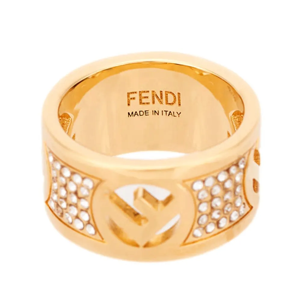 Fendi F is Fendi Logo Ring Wide Band Crystal Gold Metal Size Medium Gold Never worn - Inside View