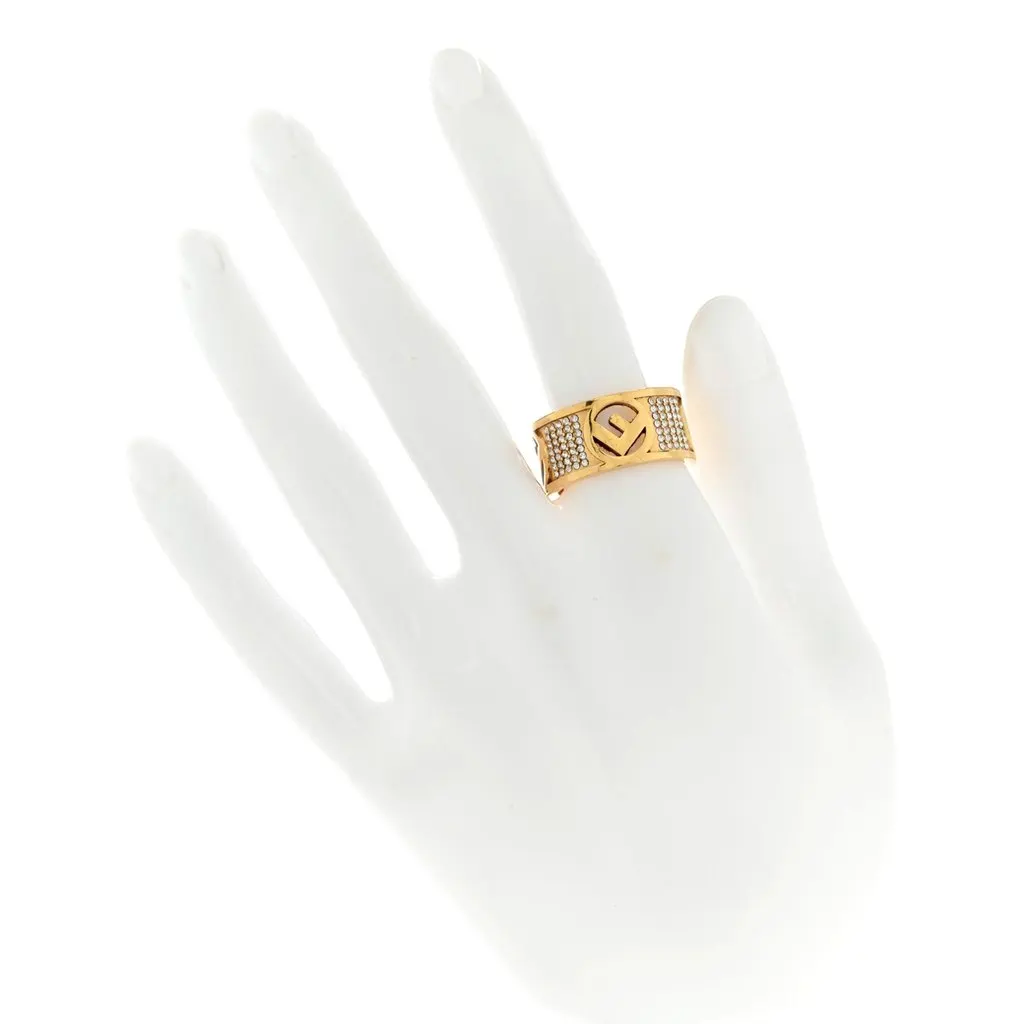 Fendi F is Fendi Logo Ring Wide Band Crystal Gold Metal Size Medium Gold Never worn - Model View