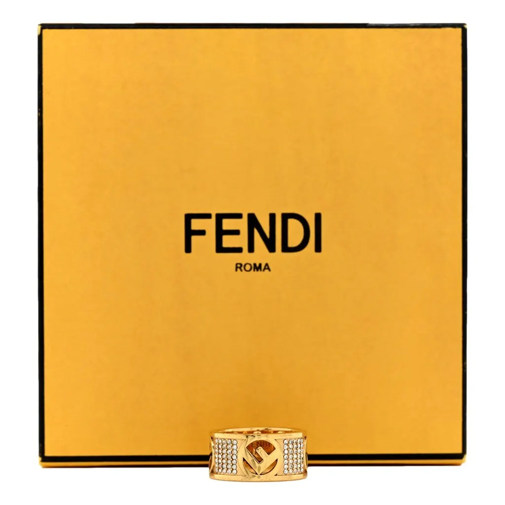 Fendi F is Fendi Logo Ring Wide Band Crystal Gold Metal Size Medium Gold Never worn - Box View