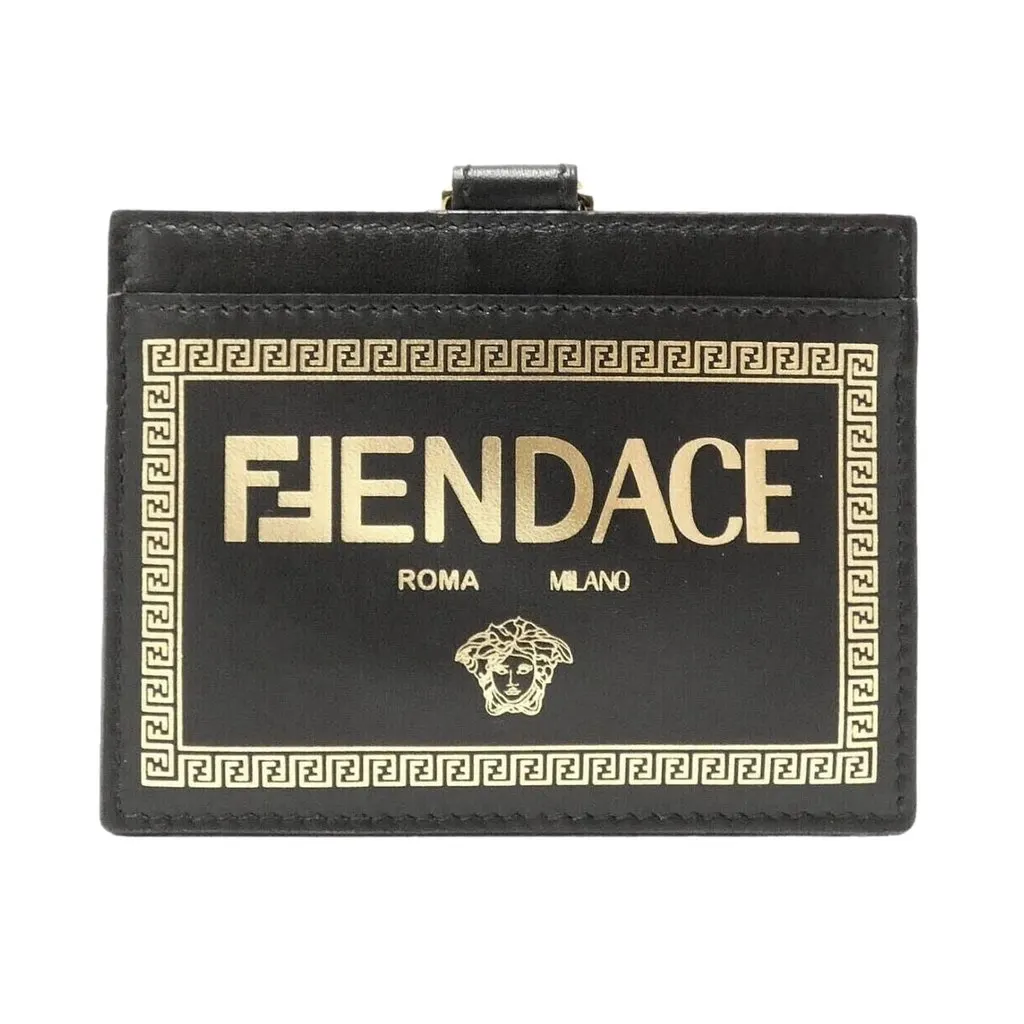 Fendi Fendace Black Leather Card Case Wallet Lanyard Black Leather Never worn - Front View