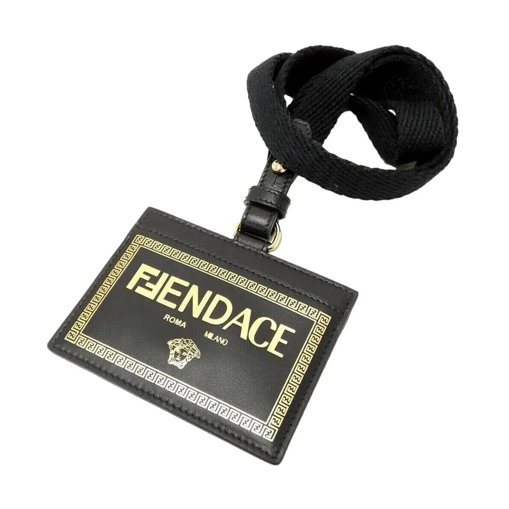 Fendi Fendace Black Leather Card Case Wallet Lanyard Black Leather Never worn - Back View