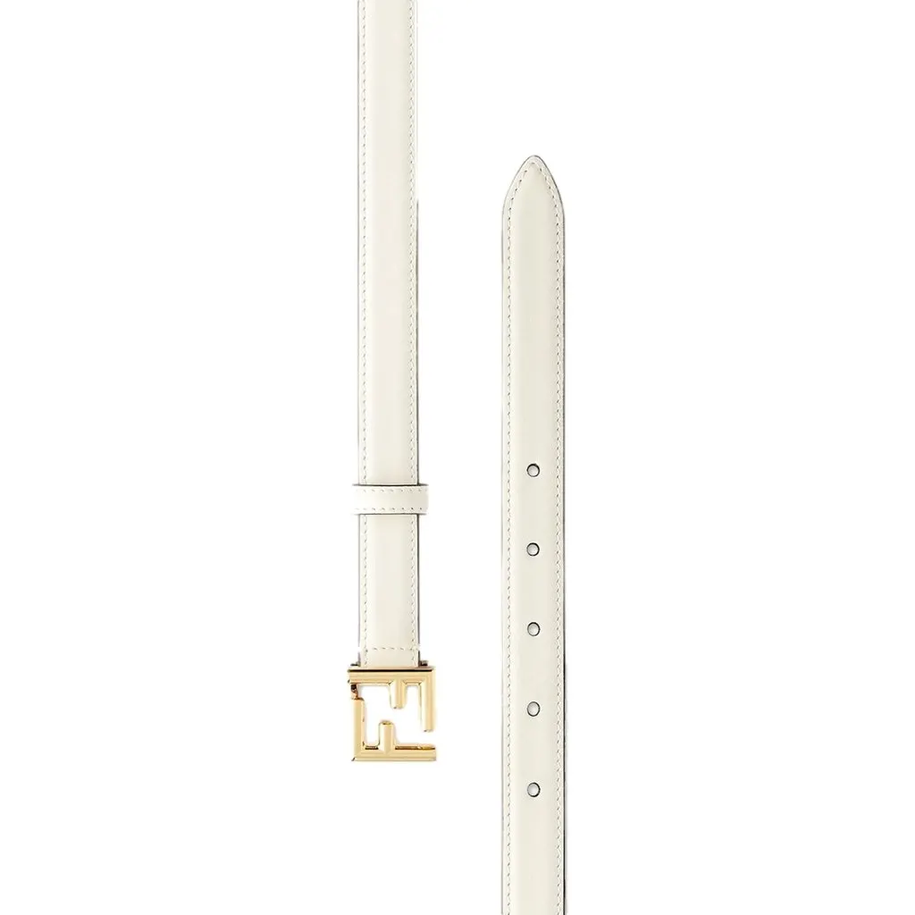 Fendi FF Logo Gold Tone Buckle White Leather Skinny Belt 90 White Leather Never worn - Inside View
