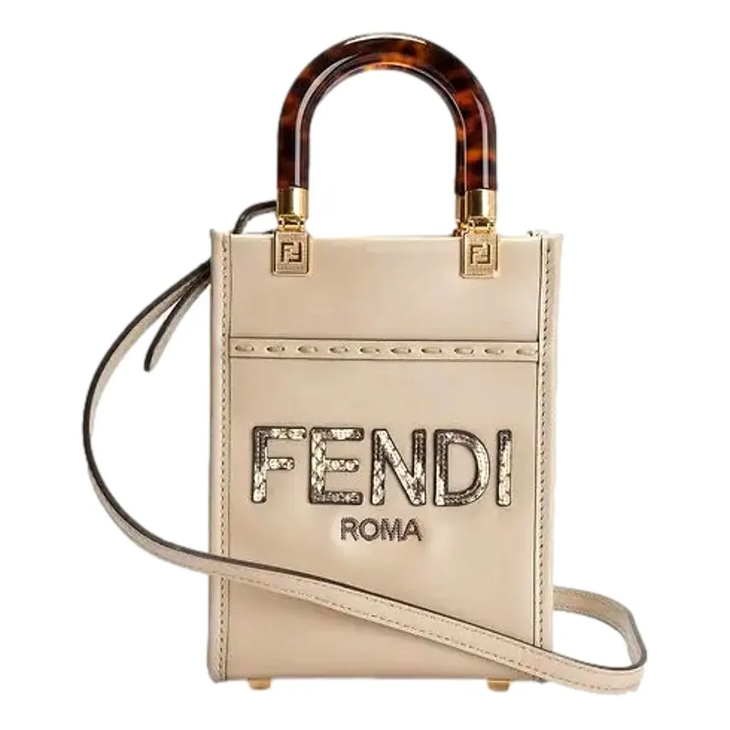 Fendi Mini Sunshine Shopper Tote Crossbody Nude Calfskin Snake Print Beige Leather Never worn - Front View