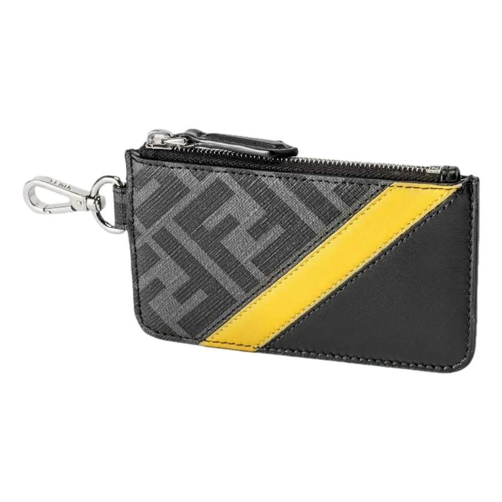 Fendi Diagonal Black Sunflower Yellow Calf Leather Coincase Keychain Wallet Black Canvas Never worn - Front View