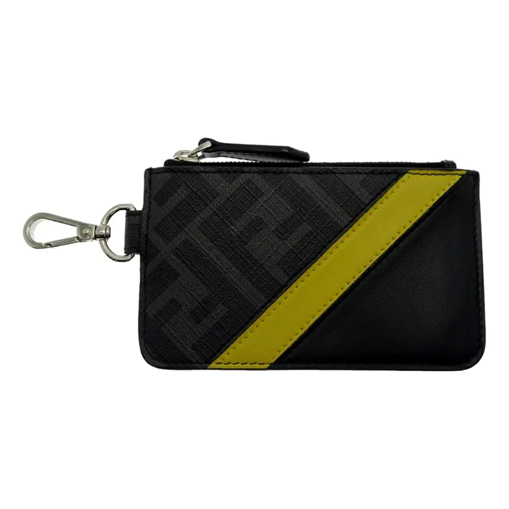 Fendi Diagonal Black Sunflower Yellow Calf Leather Coincase Keychain Wallet Black Canvas Never worn - Back View