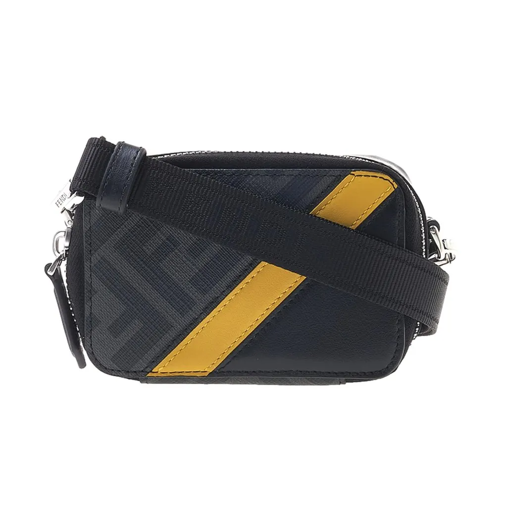 Fendi FF Diagonal Stripe Mini Camera Crossbody Bag Black Canvas Leather Black Canvas Never worn - Front View