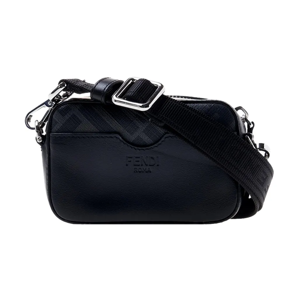 Fendi FF Diagonal Stripe Mini Camera Crossbody Bag Black Canvas Leather Black Canvas Never worn - Model View