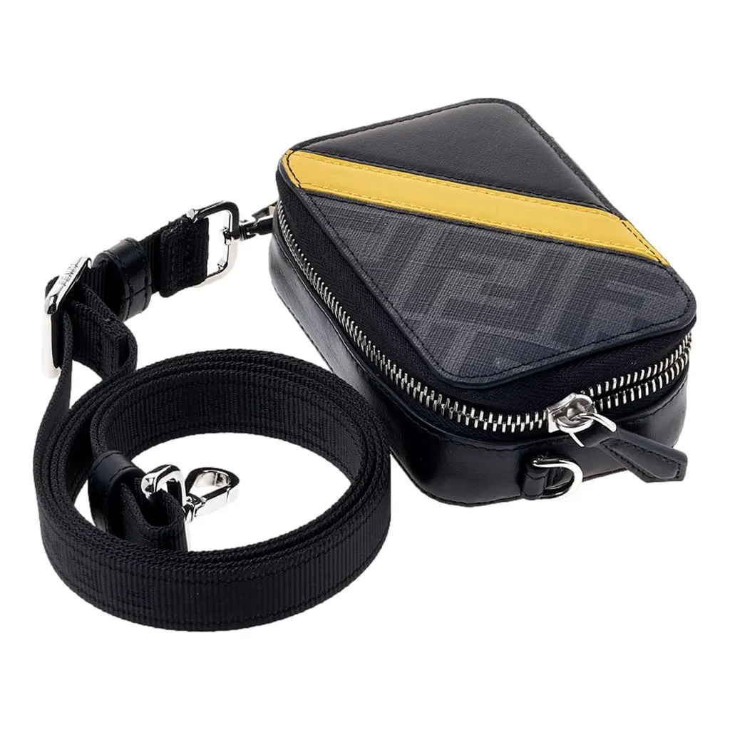 Fendi FF Diagonal Stripe Mini Camera Crossbody Bag Black Canvas Leather Black Canvas Never worn - Box View