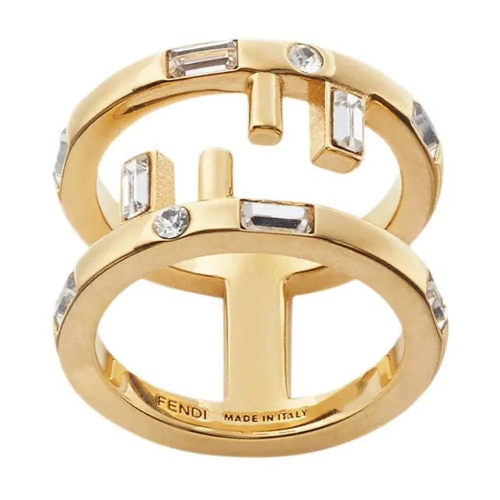 Fendi First Gold Finish Metal and White Crystal Small Fashion Ring Gold Never worn - Front View