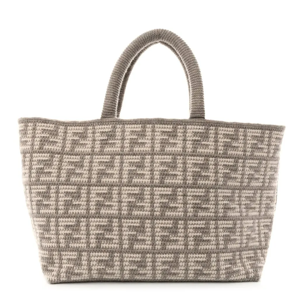 Fendi FF Tortora Gray Knitted Cashmere Wool Large Shopper Tote Bag Grey Canvas Never worn - Front View