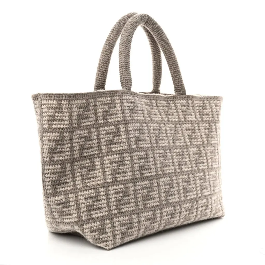 Fendi FF Tortora Gray Knitted Cashmere Wool Large Shopper Tote Bag Grey Canvas Never worn - Back View