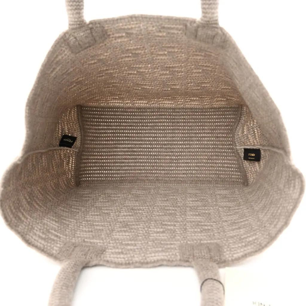 Fendi FF Tortora Gray Knitted Cashmere Wool Large Shopper Tote Bag Grey Canvas Never worn - Inside View