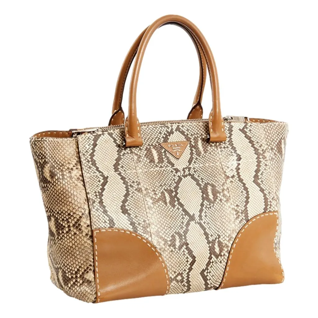 Prada Galleria Natural Python Leather Brown Double Zip Tote Handbag Brown Leather Never worn - Back View