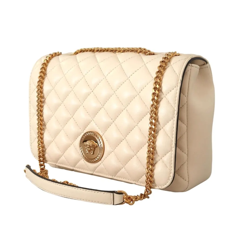 Versace La Medusa Beige Quilted Lamb Leather Large Shoulder Bag White Leather Never worn - Back View