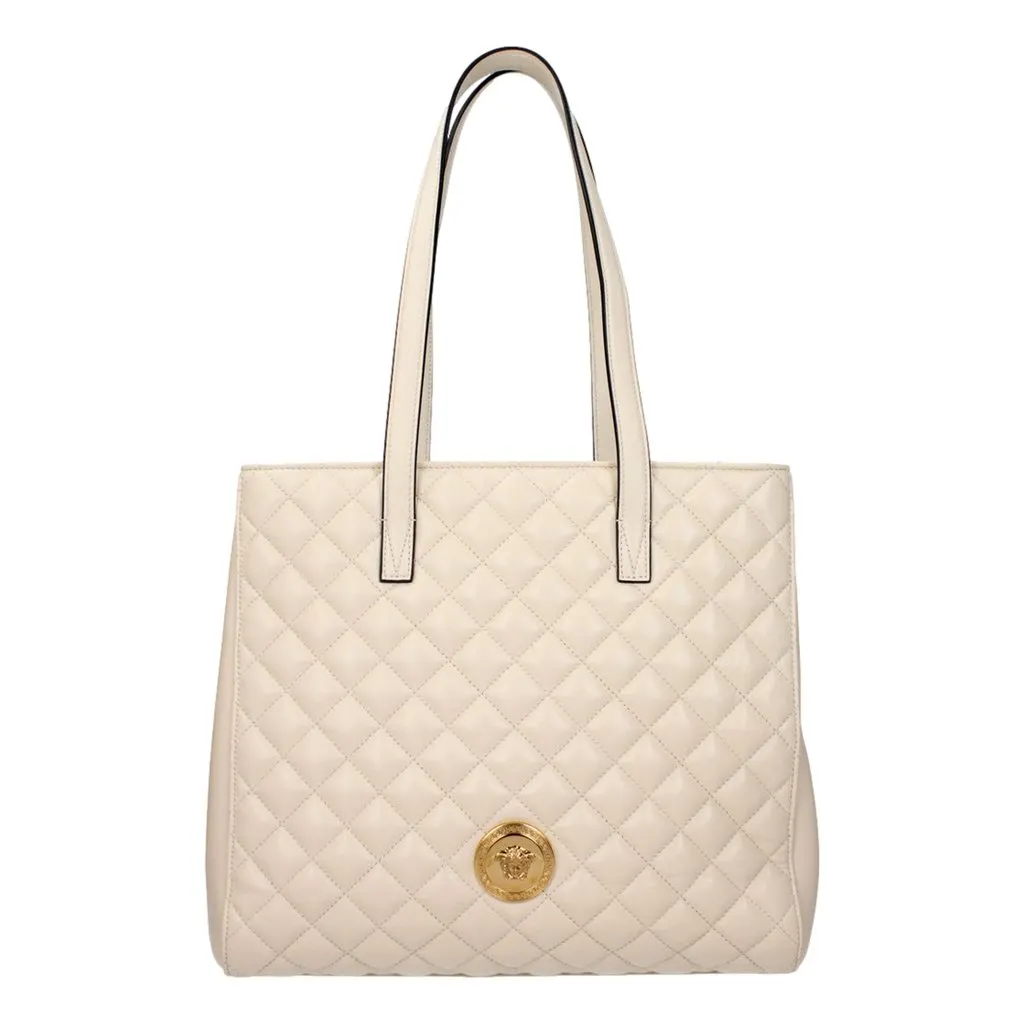 Versace La Medusa Quilted Tote Bag Ivory Leather Gold Hardware White Polyamide Never worn - Front View