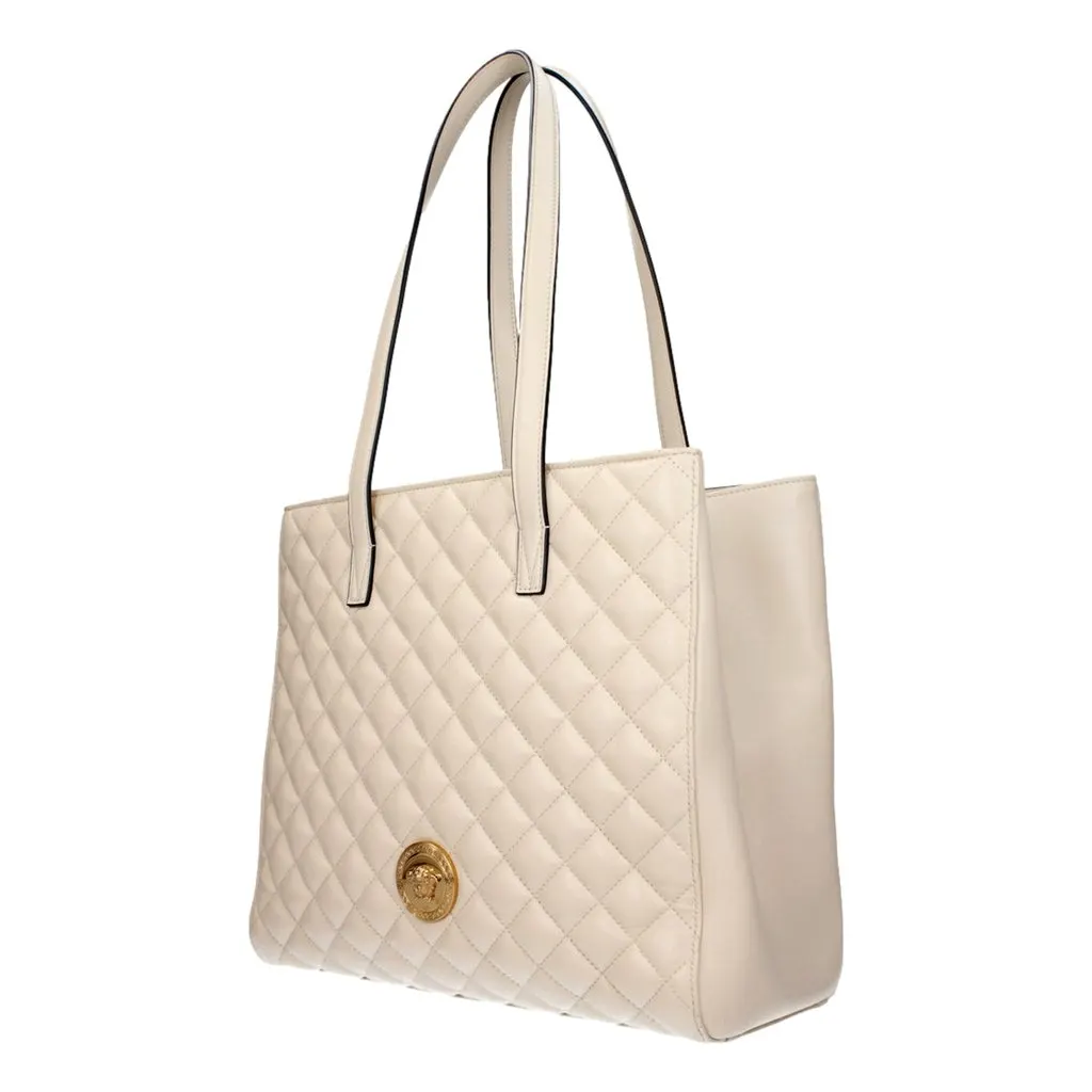 Versace La Medusa Quilted Tote Bag Ivory Leather Gold Hardware White Polyamide Never worn - Back View