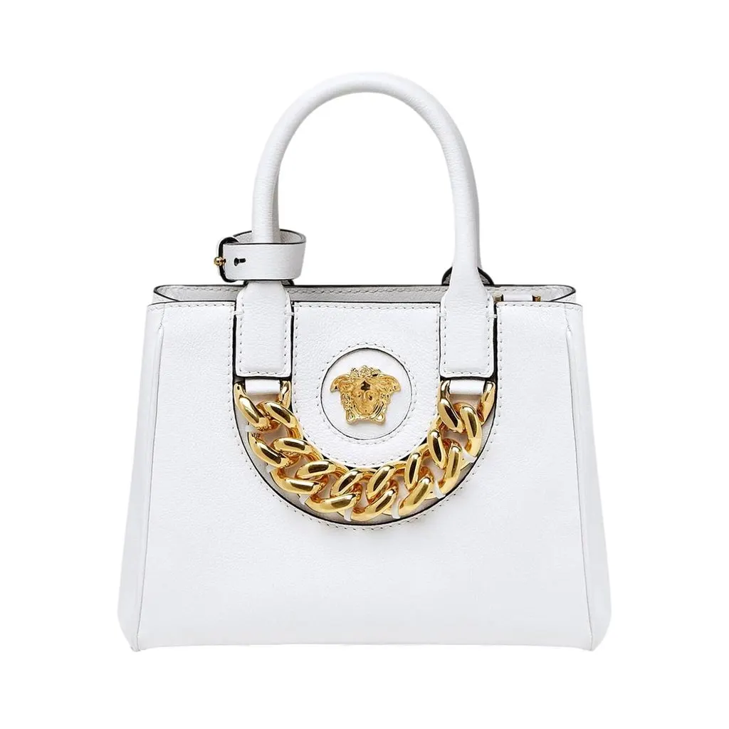 Versace لا ميدوزا أبيض جلد صغيرة حقيبة كروس حقيبة توت ذهبي Plaque بسلسلة