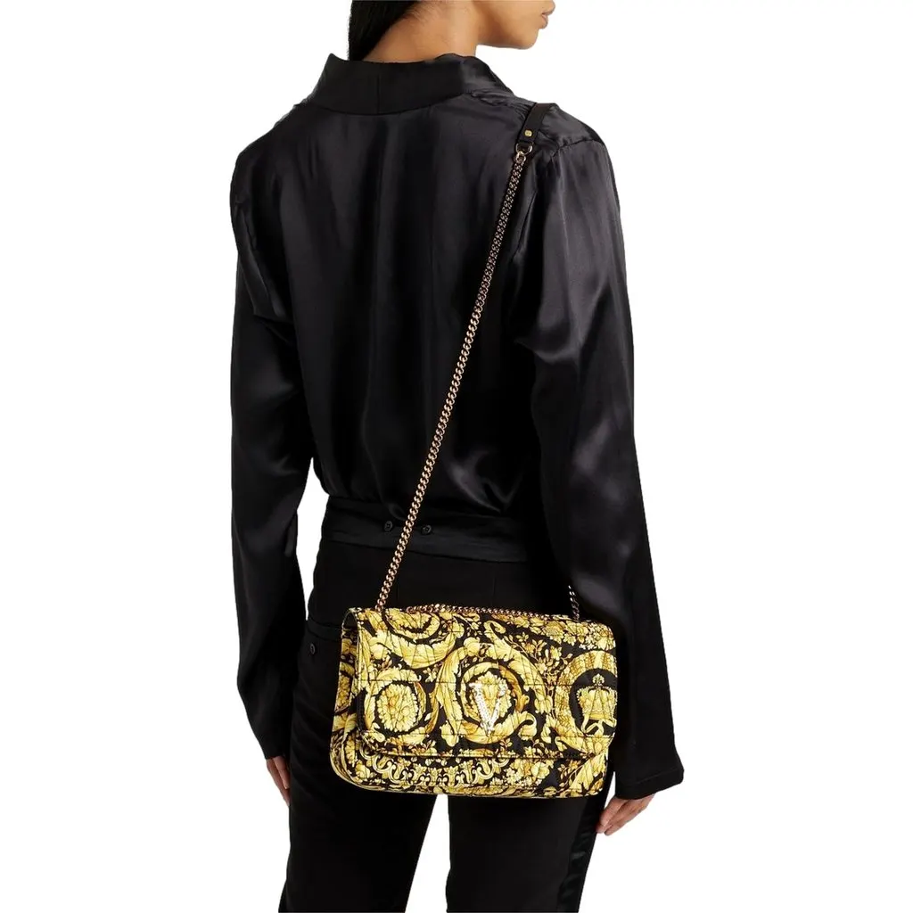 Versace Virtus Barocco Print Quilted Silk Shoulder Bag Black Gold Black Canvas Never worn - Back View