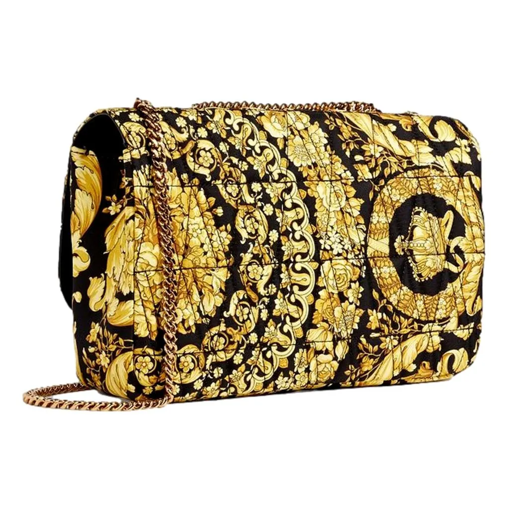 Versace Virtus Barocco Print Quilted Silk Shoulder Bag Black Gold Black Canvas Never worn - Box View