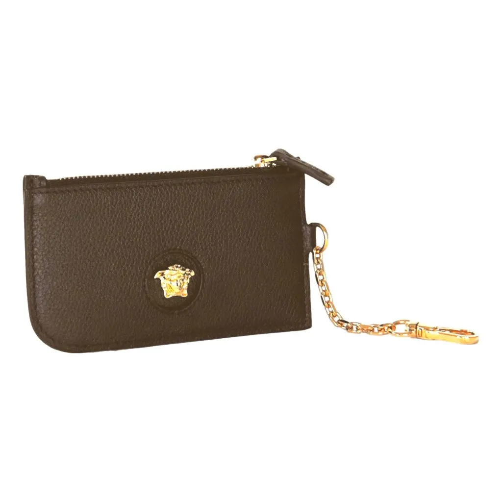 Versace La Medusa Khaki Vitello Card Case Key Chain Green Leather Never worn - Inside View