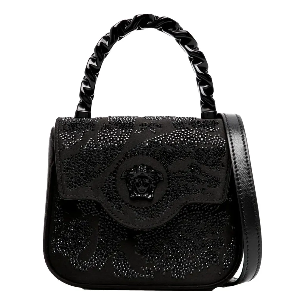 Versace La Medusa Crystal Mini Top Handle Tote Crossbody Black Silk Black Canvas Never worn - Front View