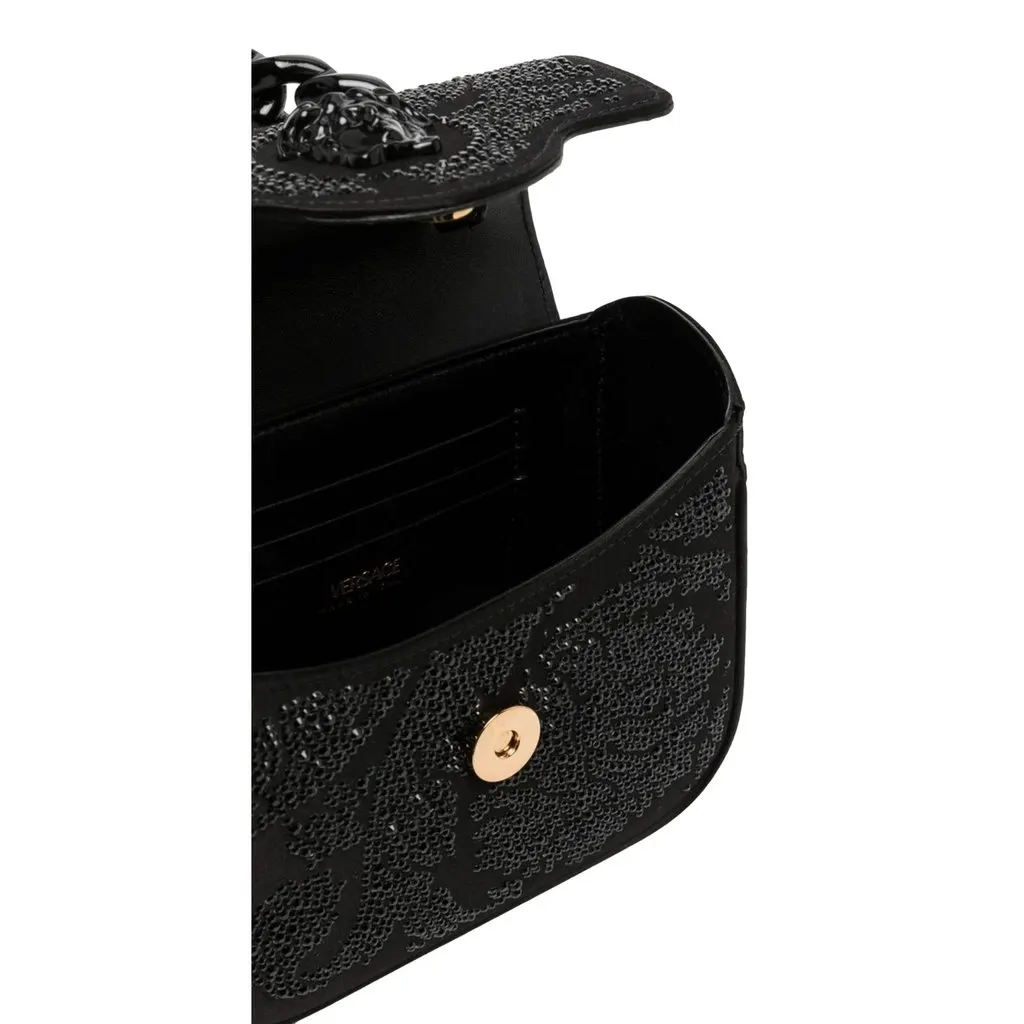 Versace La Medusa Crystal Mini Top Handle Tote Crossbody Black Silk Black Canvas Never worn - Model View