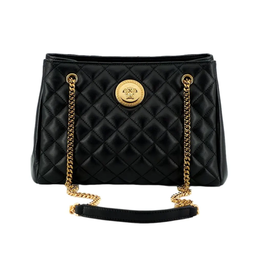 Versace La Medusa Black Quilted Nappa Leather Large Tote Bag Black Leather Never worn - Front View