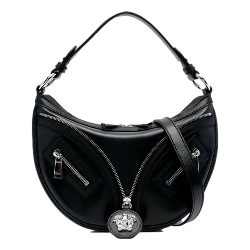Versace La Medusa Repeat Small Hobo Shoulder Bag Black Calfskin Leather Black Leather Never worn - Front View