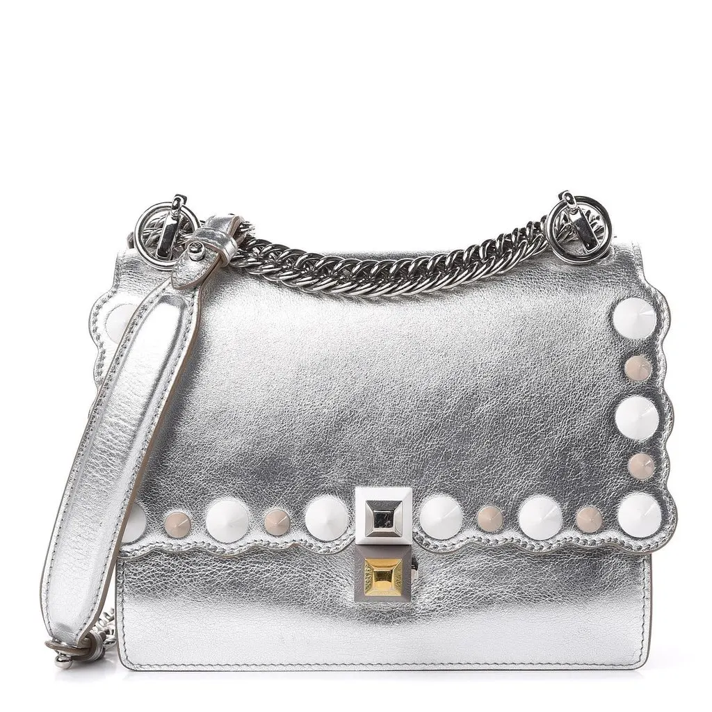 Fendi Kan I Metallic Silver Calfskin Scalloped Studded Bag Silver Leather Never worn - Front View
