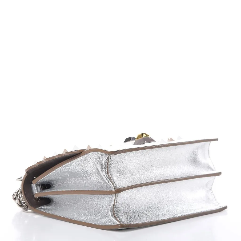 Fendi Kan I Metallic Silver Calfskin Scalloped Studded Bag Silver Leather Never worn - Inside View