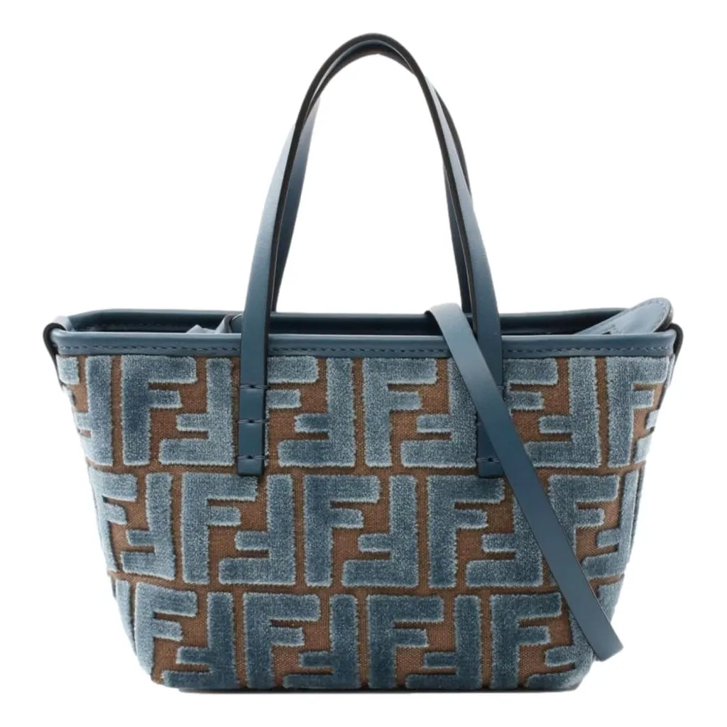 Fendi Mini Roll FF Shopping Tote Blue Brown Chenille Small Handbag Blue Leather Never worn - Front View