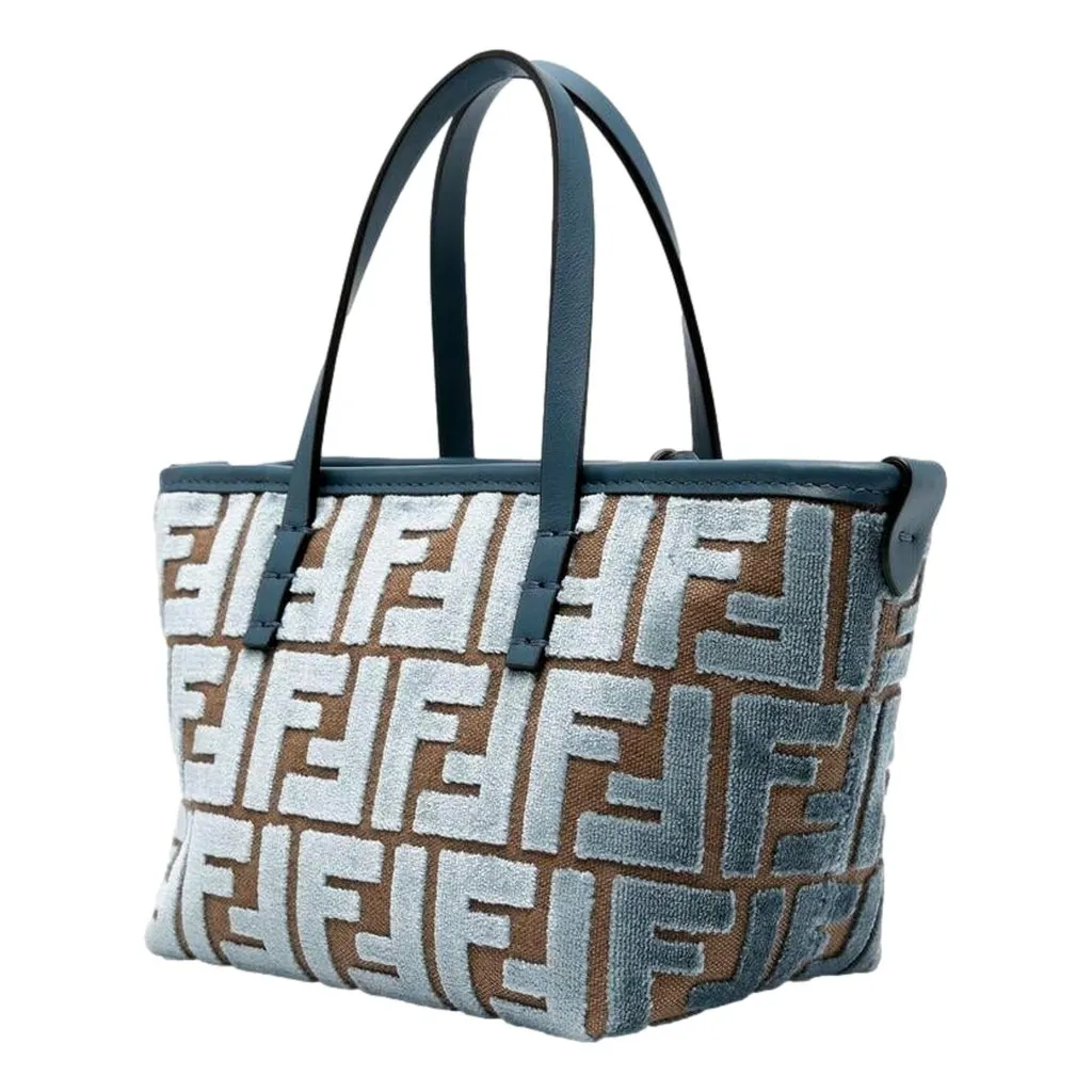 Fendi Mini Roll FF Shopping Tote Blue Brown Chenille Small Handbag Blue Leather Never worn - Back View