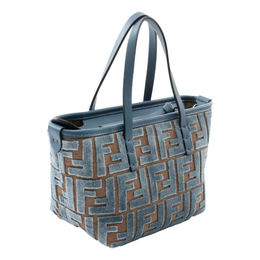 Fendi Mini Roll FF Shopping Tote Blue Brown Chenille Small Handbag Blue Leather Never worn - Inside View