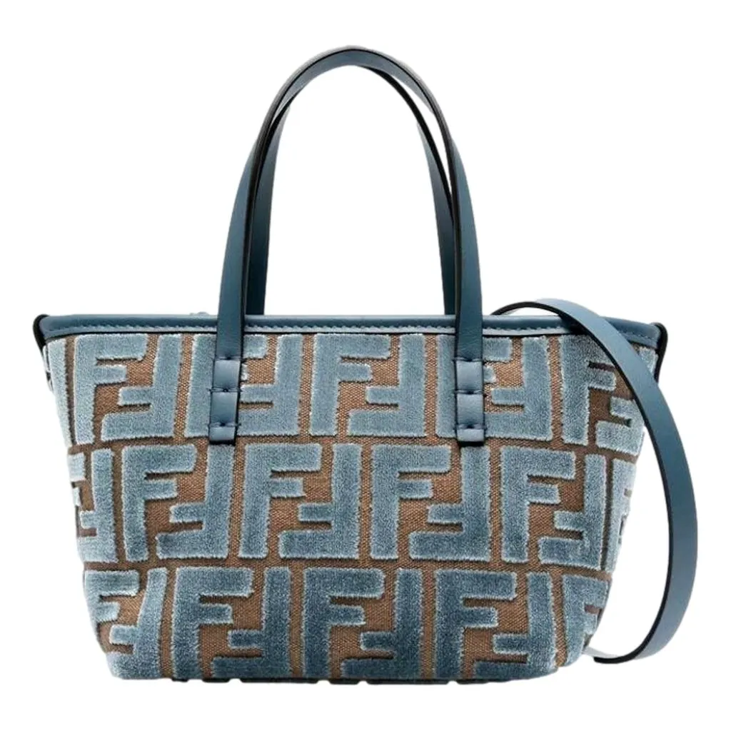 Fendi Mini Roll FF Shopping Tote Blue Brown Chenille Small Handbag Blue Leather Never worn - Model View