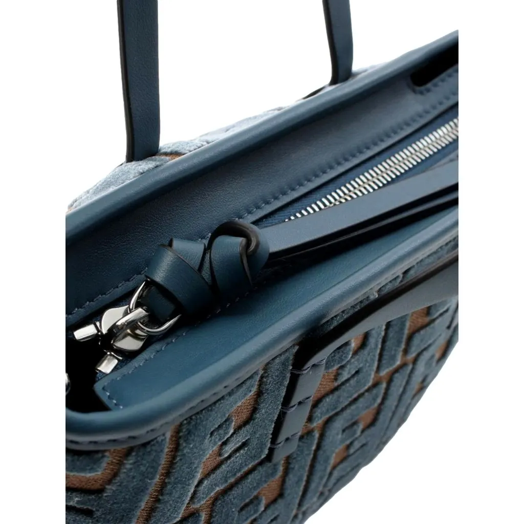 Fendi Mini Roll FF Shopping Tote Blue Brown Chenille Small Handbag Blue Leather Never worn - Box View