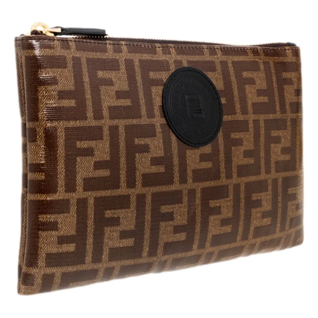 Fendi FF Zucca Brown Coated Canvas Flat Zipper Pouch Clutch Brown Canvas Never worn - Back View