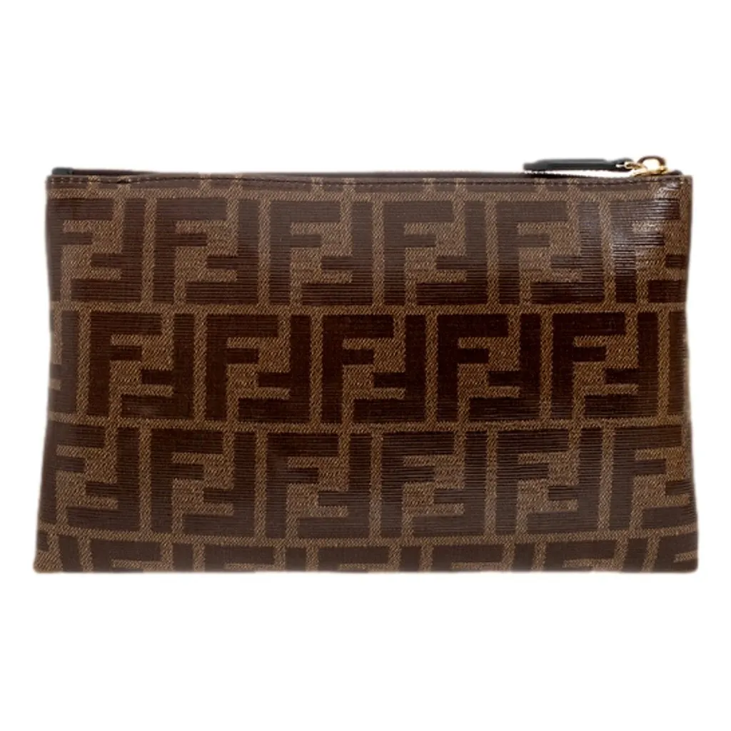 Fendi FF Zucca Brown Coated Canvas Flat Zipper Pouch Clutch Brown Canvas Never worn - Inside View