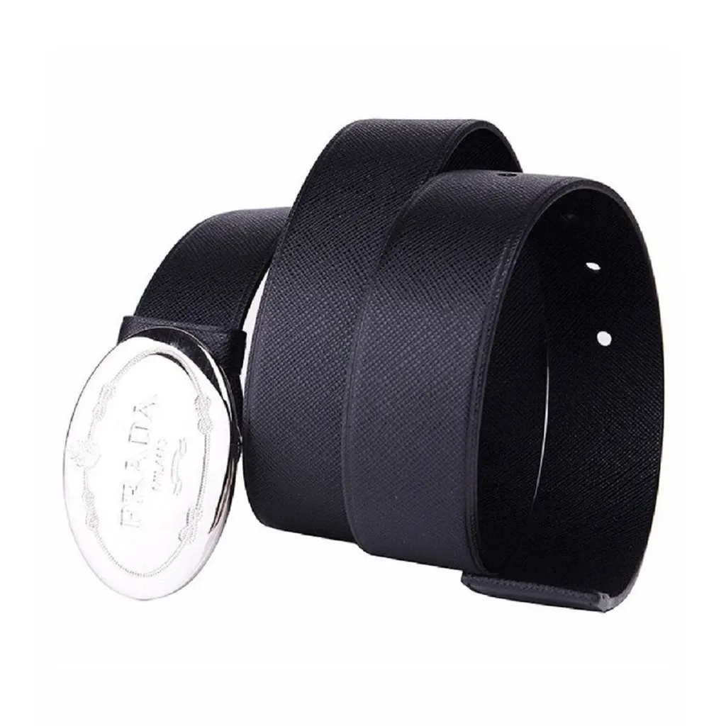 Prada Mens Navy Saffiano Leather Belt Silver Oval Buckle Belt Size 90/36 Blue Leather Never worn - Inside View