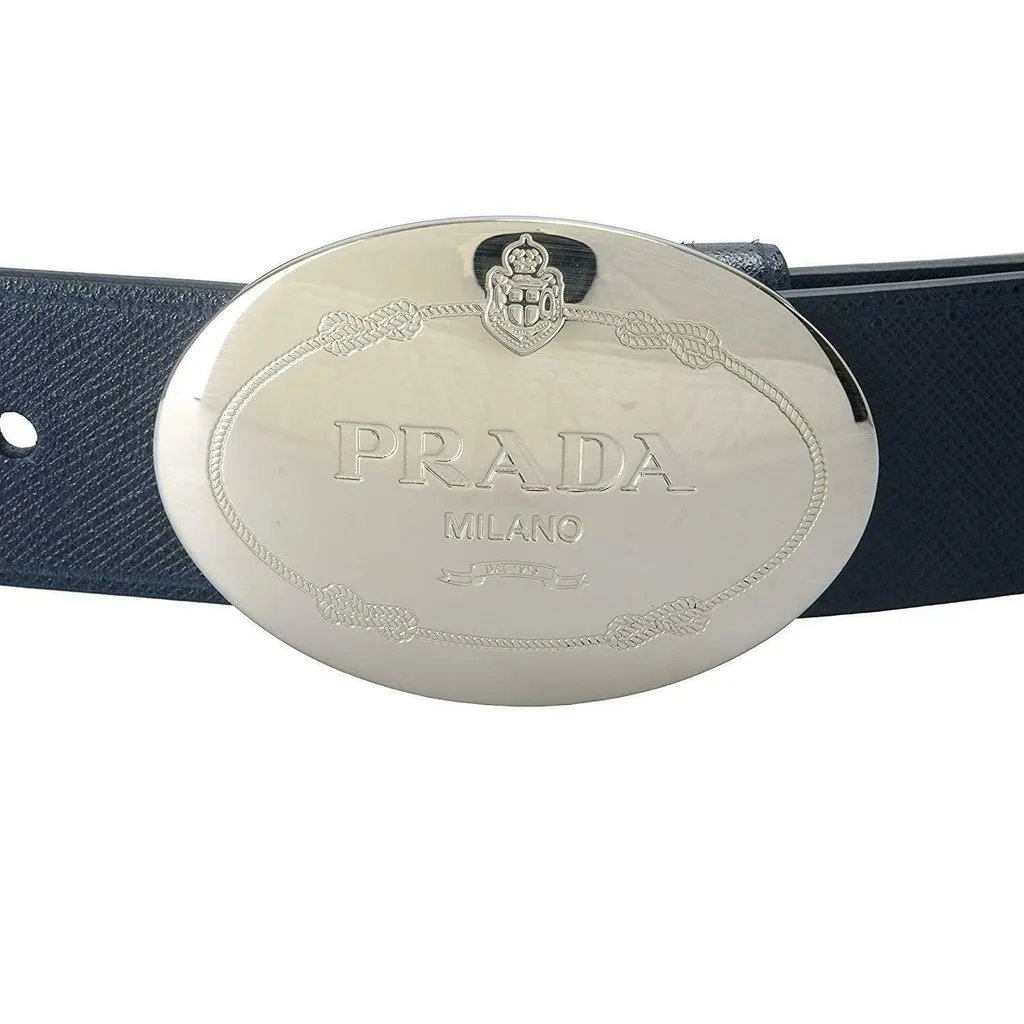 Prada Mens Navy Saffiano Leather Belt Silver Oval Buckle Belt Size 90/36 Blue Leather Never worn - Model View