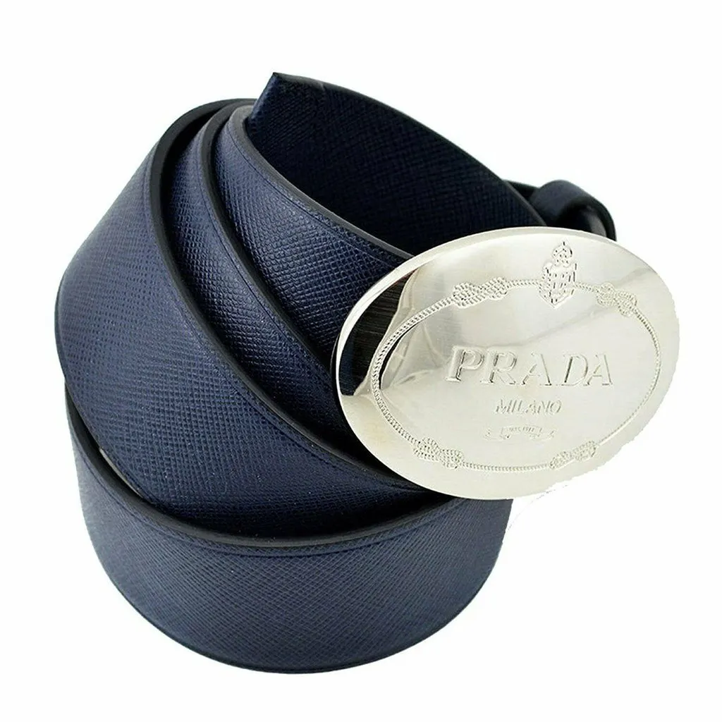 Prada Mens Navy Saffiano Leather Belt Silver Oval Buckle Belt Size 90/36 Blue Leather Never worn - Box View