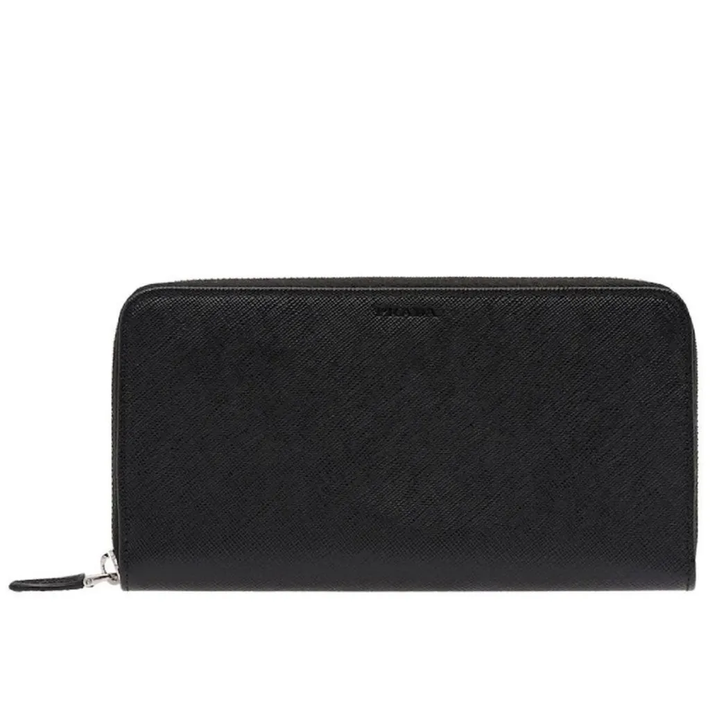 Prada Saffiano Active Black Leather Stripe Zip Around Wallet MultiColor Leather Never worn - Front View