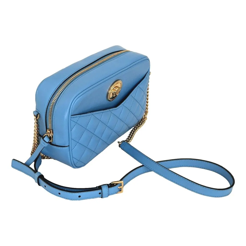 Versace La Medusa Blue Quilted Lamb Leather Medium Crossbody Bag Blue Canvas Never worn - Back View