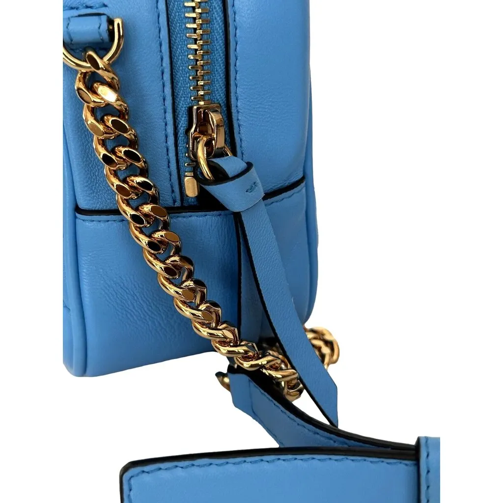 Versace La Medusa Blue Quilted Lamb Leather Medium Crossbody Bag Blue Canvas Never worn - Box View