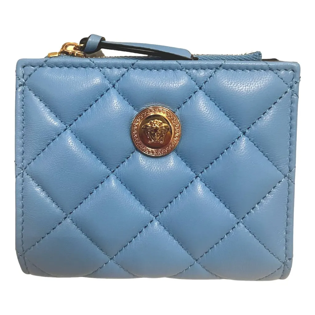 Versace Versace La Medusa Blue Quilted Lamb Leather Compact Snap Wallet Blue Leather Never worn - Front View