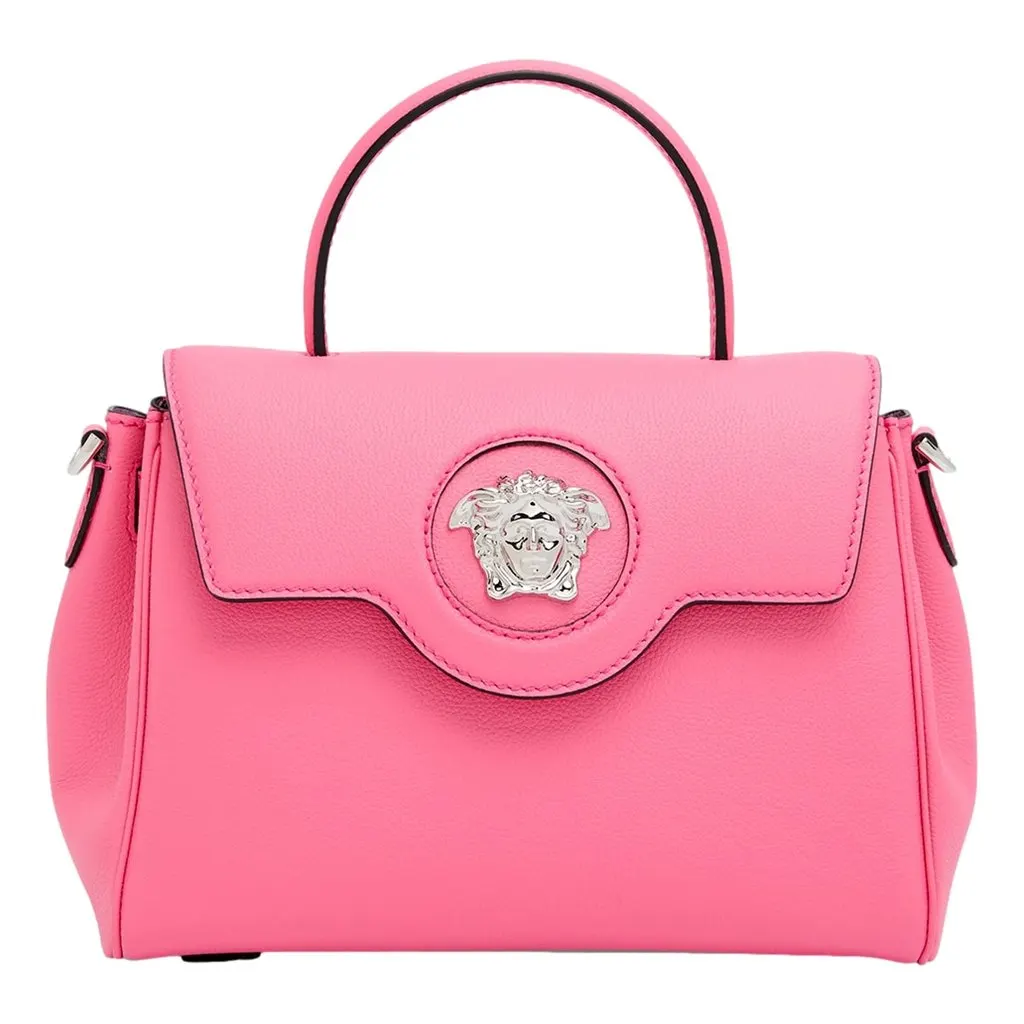 Versace Flamingo Pink Vitello Leather Top Handle Designer Handbag Pink Leather Never worn - Front View