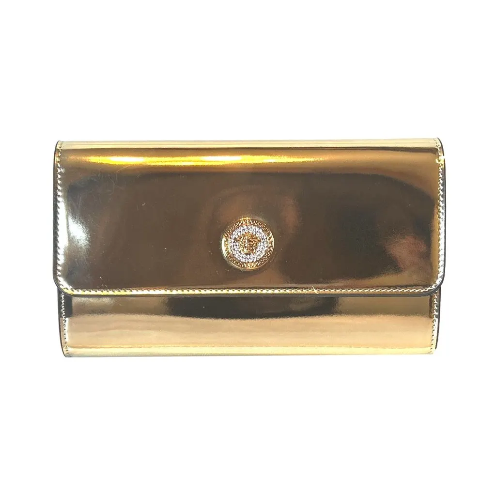 Versace La Medusa Crystal Leather Clutch Crossbody Bag Metallic Gold