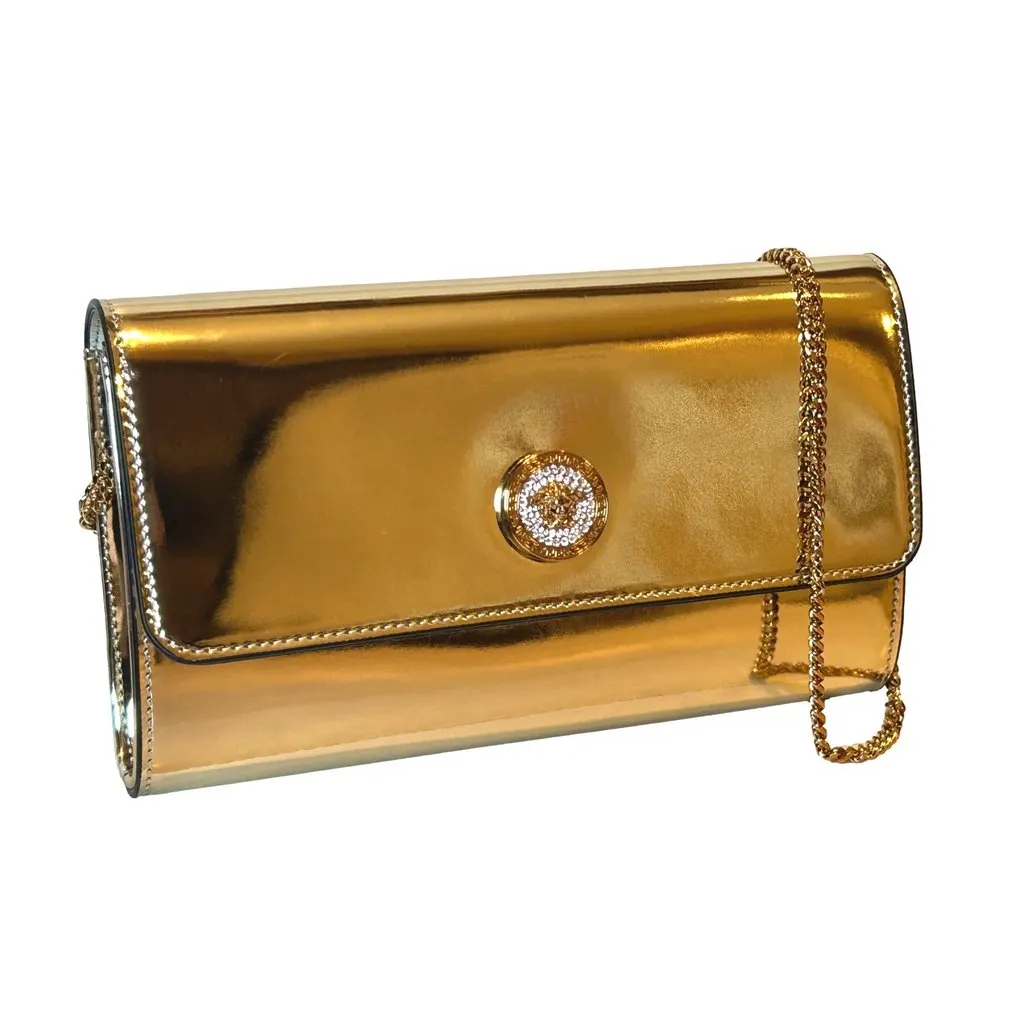 Versace La Medusa Crystal Leather Clutch Crossbody Bag Metallic Gold Yellow Leather Never worn - Inside View