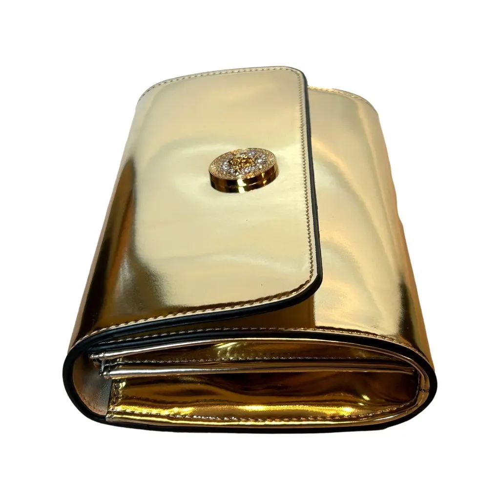 Versace La Medusa Crystal Leather Clutch Crossbody Bag Metallic Gold Yellow Leather Never worn - Box View