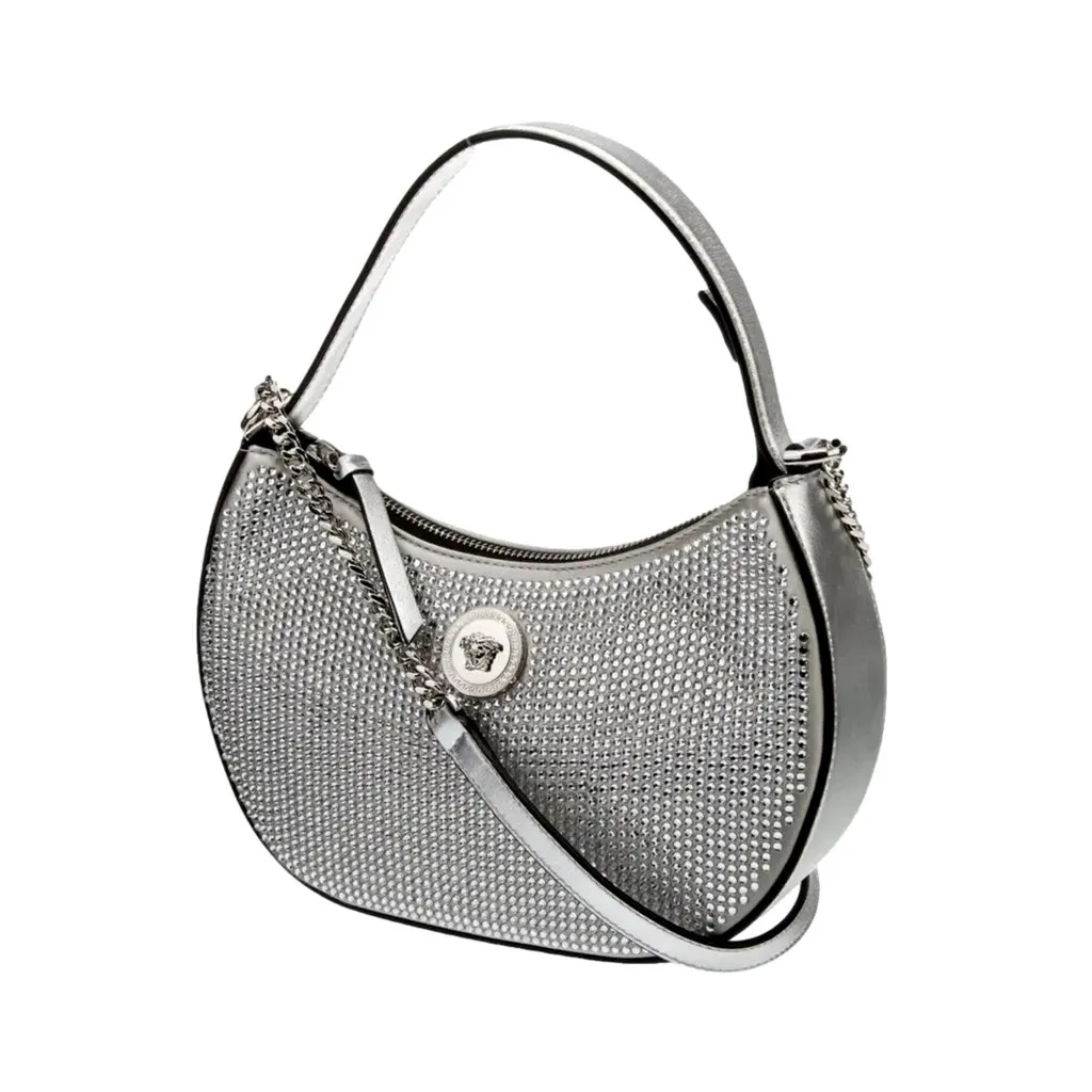 Versace La Medusa Crystal Half Moon Hobo Shoulder Crossbody Bag Silver Silver Leather Never worn - Back View