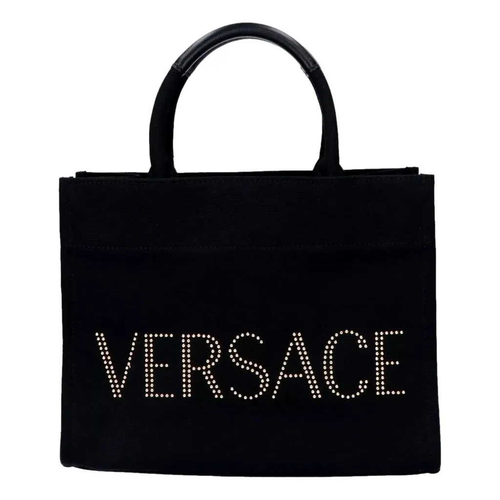 Versace Mini Tote Bag Nero Black Canvas Studded Logo Crossbody Black Leather Never worn - Front View
